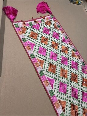 New Handwoven Embroidered pillow case /runner with Pink and Orange Diamond Motif
